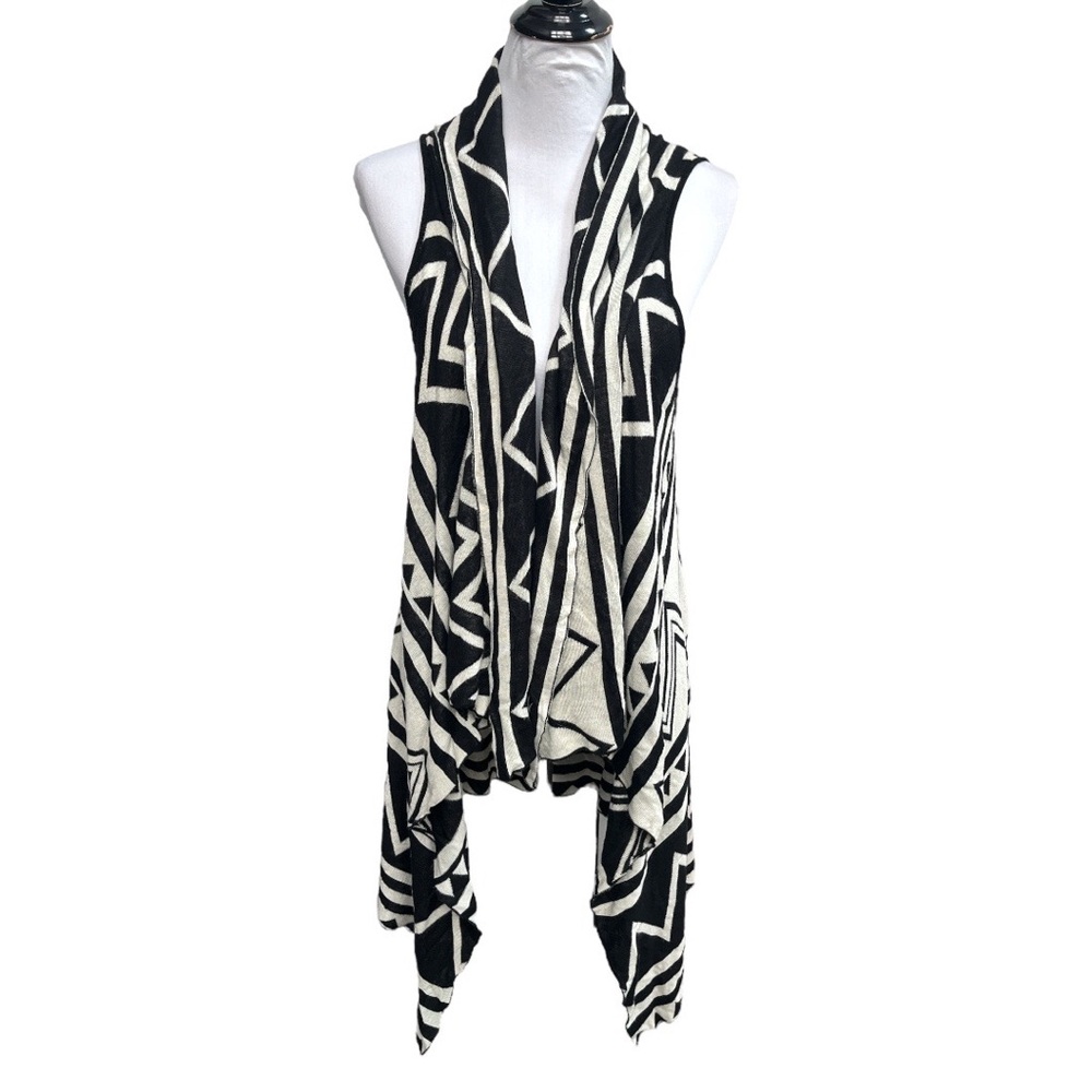 T/O Patterned Sleeveless Open Cardigan Black Cream Size Medium